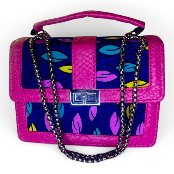 Pink & Blue African Print Handbag – Chic Structured Chain Purse - Picture 1 of 4